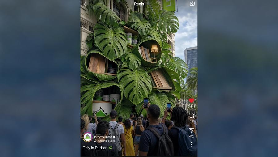 A social media Reel screenshot of an oversized monstera plant growing through a building facade, with shelving and product hidden inside the leaves, captioned Only in Durban