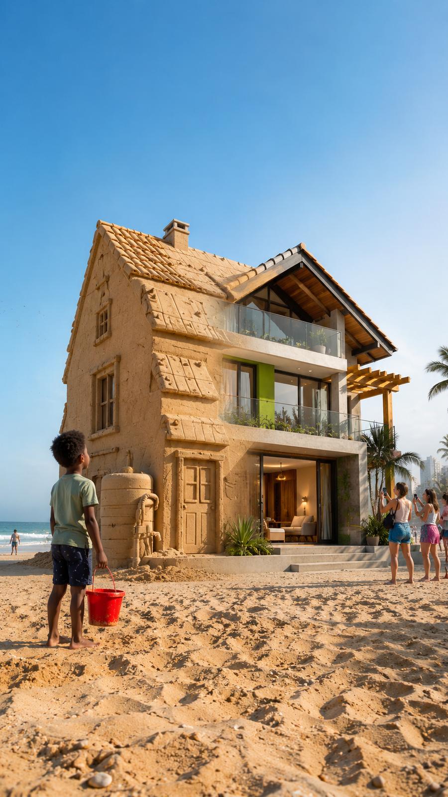 A detailed sandcastle house on a Durban beach with a fully furnished modern interior visible through a cutaway, a child holding a red bucket nearby