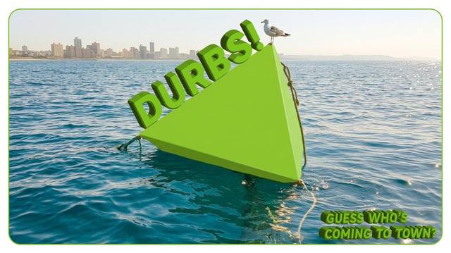 A green triangular buoy shaped like the Leroy Merlin logo, floating in Durban harbour with a seagull perched on top